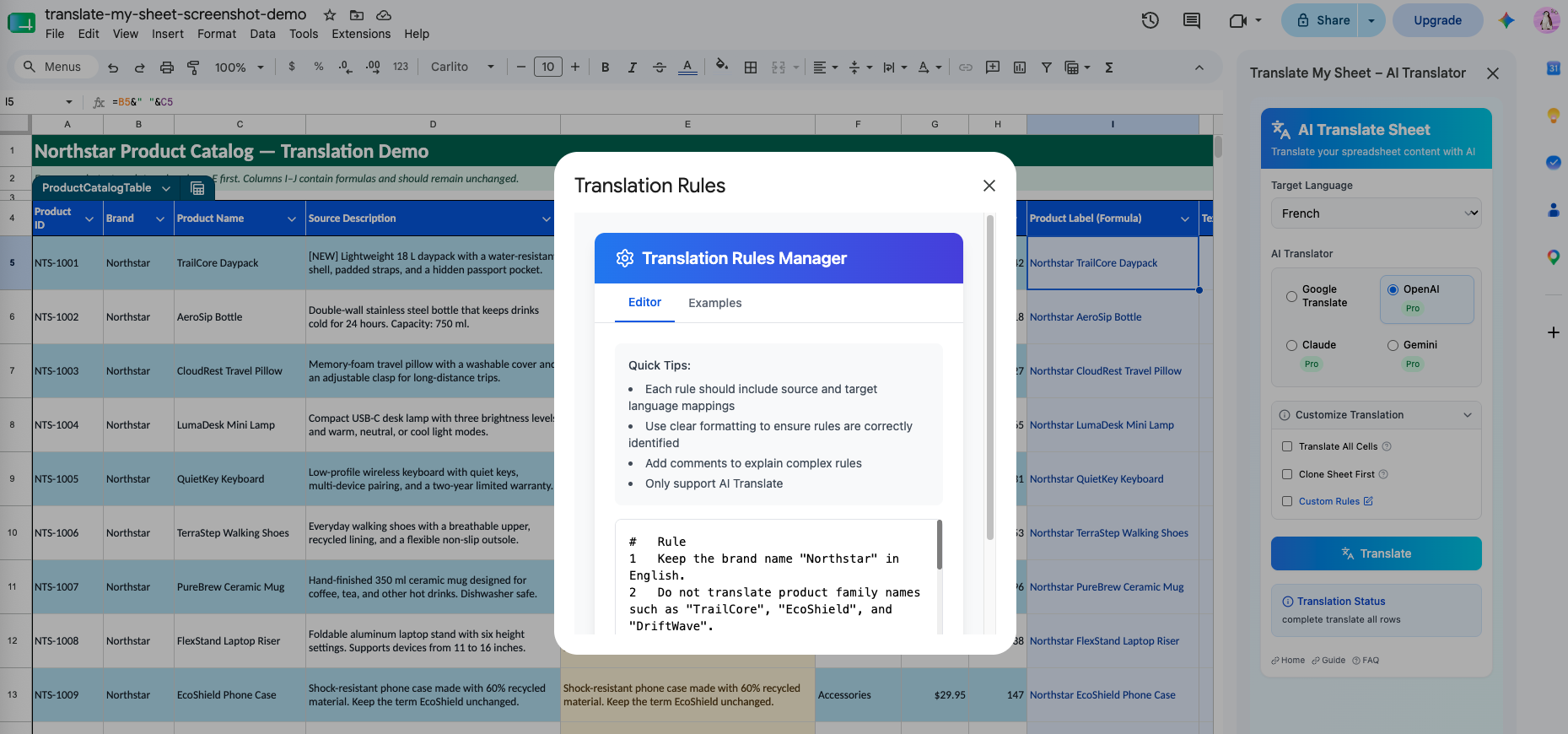 Translation Rules Manager with reusable terminology and tone instructions