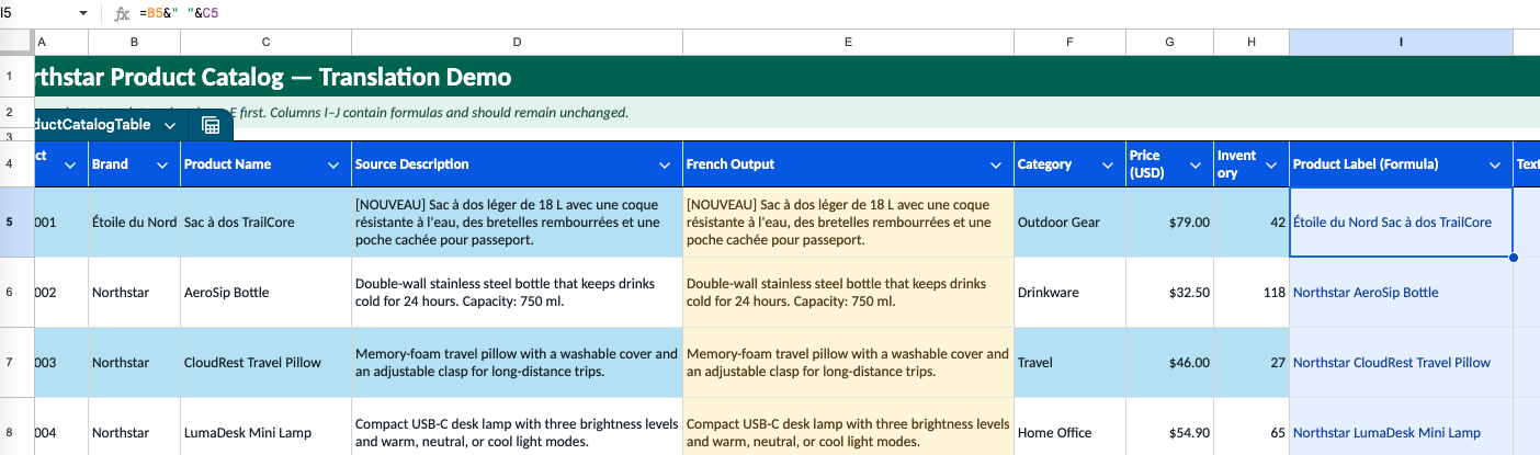 A Google Sheets formula preserved after surrounding cells are translated
