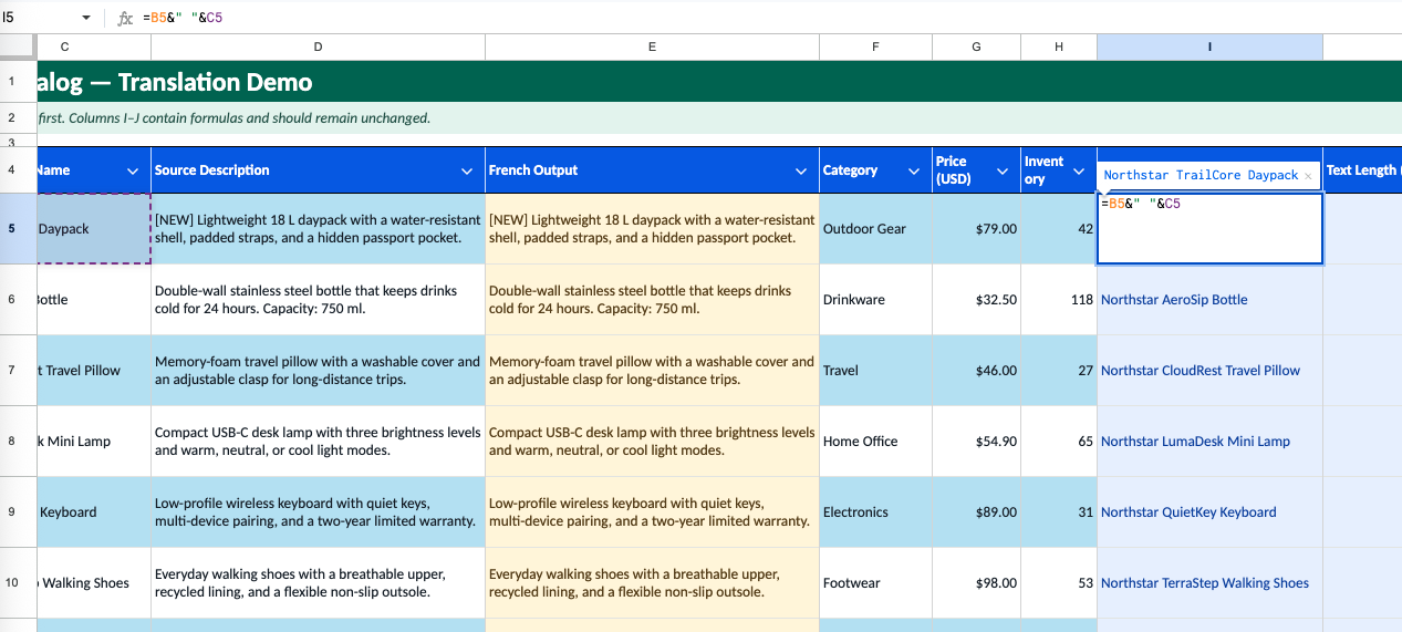 Formula cell before translation showing its expression in Google Sheets