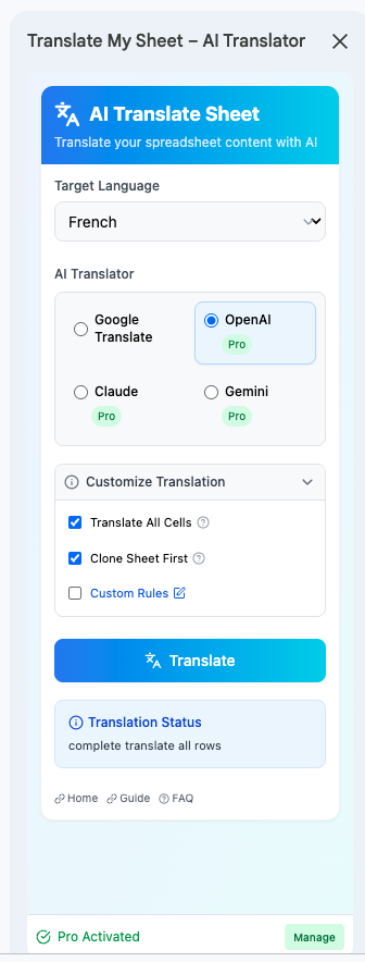 Translate My Sheet sidebar offering Google Translate, OpenAI, Claude, and Gemini
