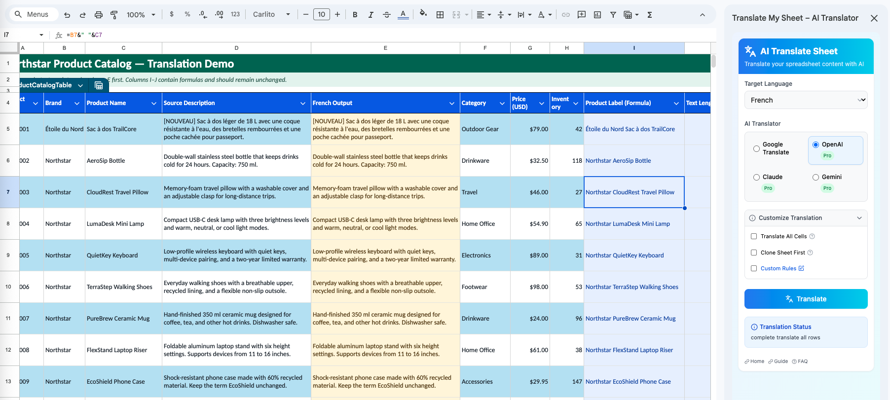 Translate My Sheet configured for the current Google Sheets selection