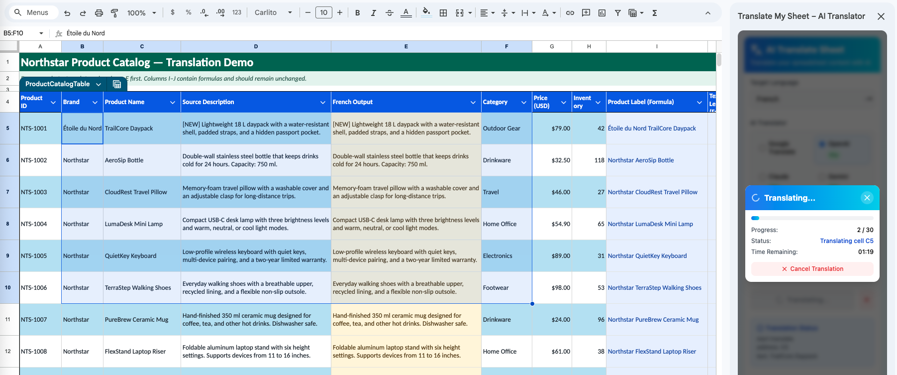 Translate My Sheet processing a selected range with visible progress and estimated time