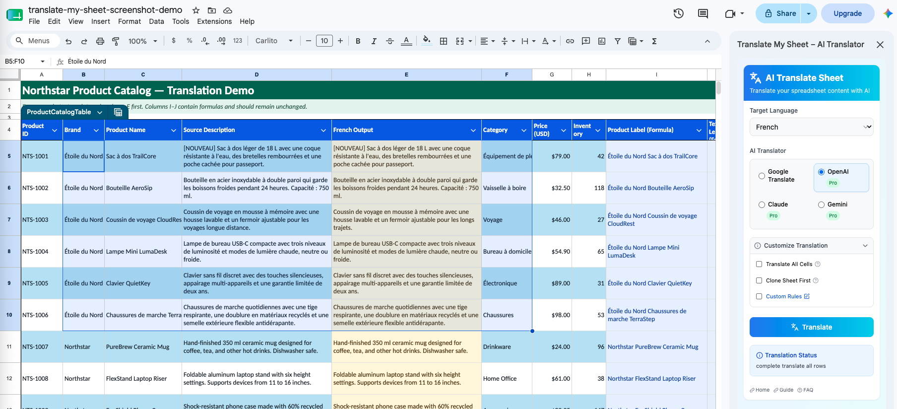 French product catalog translations completed inside Google Sheets